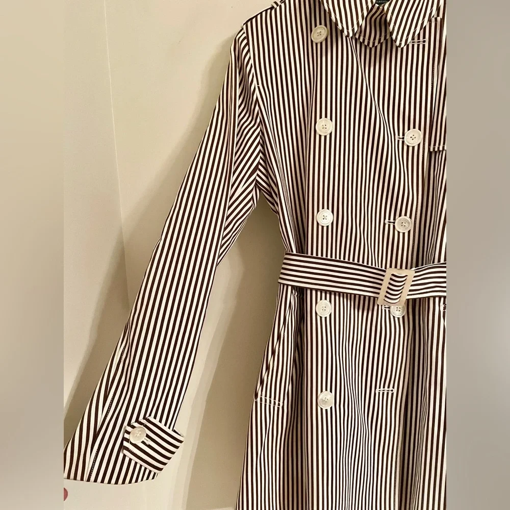 Lauren Ralph Lauren Women's Double Breasted Trench Coat Striped Coat Large - Picture 7 of 15